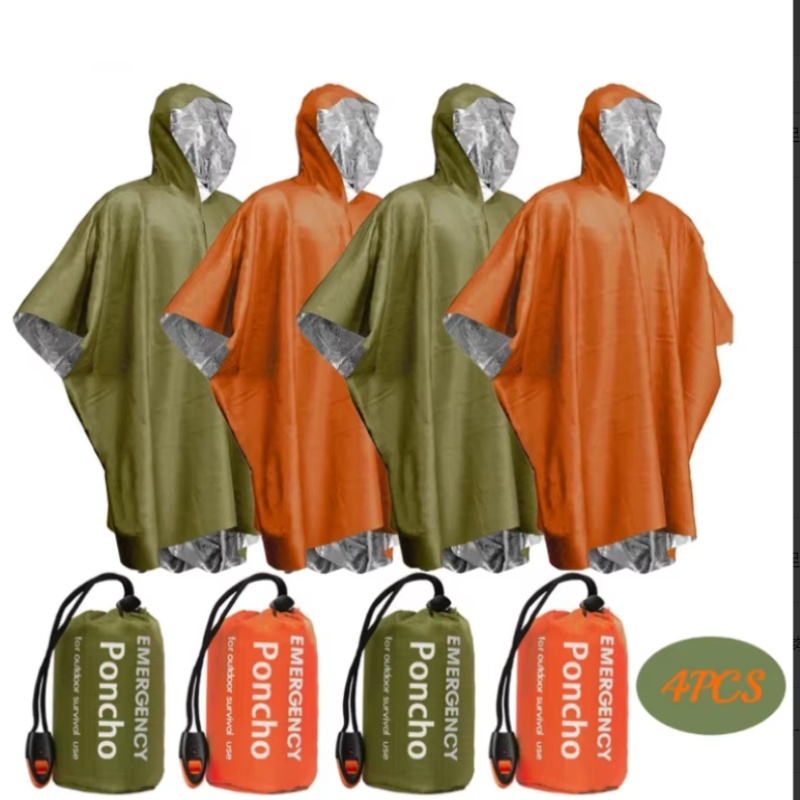 Survival Blanket Reflective - ชุดเสื้อกันฝนฉุกเฉินแบบพกพา 4 ชิ้น, ผ้าห่มกันฝนแบบสะท้อนความร้อน, อุปกรณ์เอาตัวรอดสำหรับการตั้งแคมป์ เดินป่า